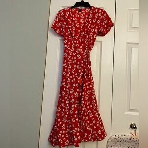 Red Floral Print Ruffle Wrap Flowy Dress